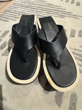 Frame Denim Black and Cream Platform Thong Sandals